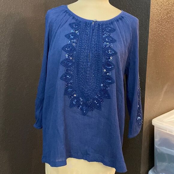 Tommy Bahama Tops - Tommy Bahama navy blue boho embroidered beaded 3/4 sleeve cotton gauze tunic top